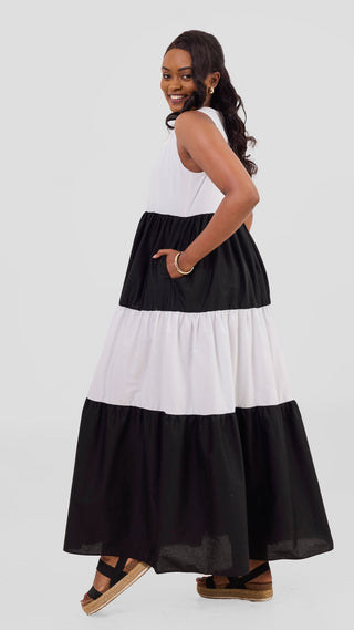 Safari Solana Sleeveless Tiered Maxi Dress - White / Black