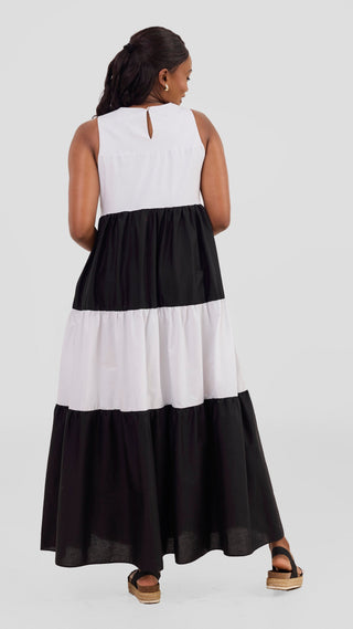 Safari Solana Sleeveless Tiered Maxi Dress - White / Black
