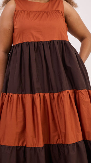 Safari Solana Sleeveless Tiered Maxi Dress - Rust / Chocolate
