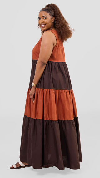 Safari Solana Sleeveless Tiered Maxi Dress - Rust / Chocolate
