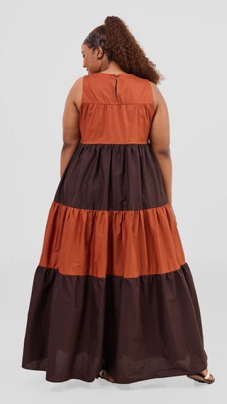 Safari Solana Sleeveless Tiered Maxi Dress - Rust / Chocolate