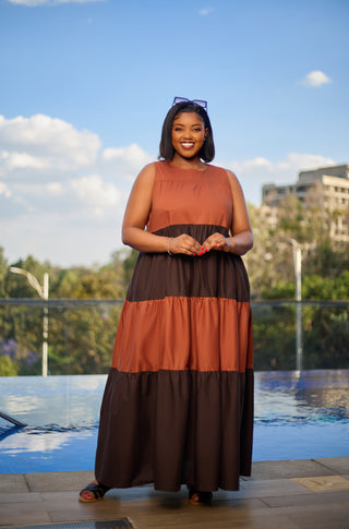 Safari Solana Sleeveless Tiered Maxi Dress - Rust / Chocolate