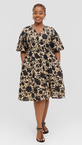 Safari by Vivo Naledi Tiered  Dress in Cotton - Beige / Black Print