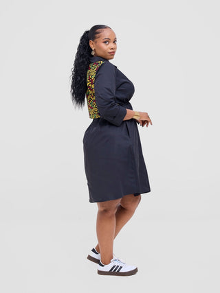 Safari Lira Drawstring Knee Length Dress - Black + Tafo Print - Shopzetu