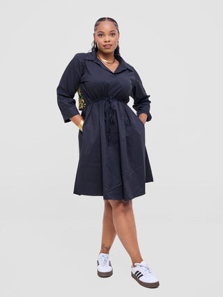 Safari Lira Drawstring Knee Length Dress - Black + Tafo Print - Shopzetu