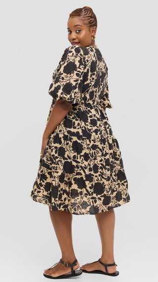 Safari by Vivo Naledi Tiered  Dress in Cotton - Beige / Black Print