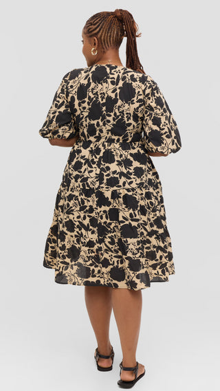 Safari by Vivo Naledi Tiered  Dress in Cotton - Beige / Black Print