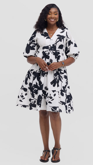 Safari Nazari Bubble Midi Dress - Beige / Black Print