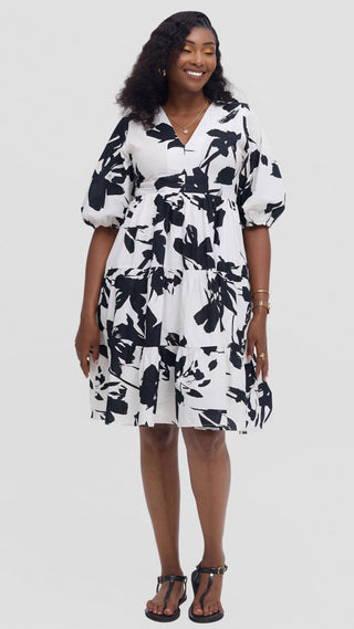 Safari Nazari Bubble Midi Dress - Beige / Black Print