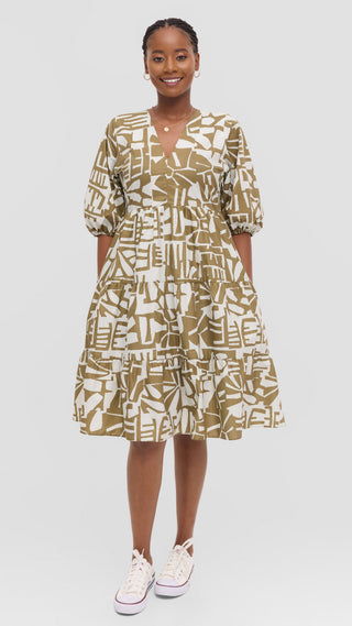 Safari by Vivo Naledi Tiered  Dress in Cotton - Off White / Hunters Print