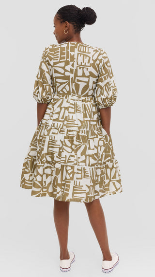 Safari by Vivo Naledi Tiered  Dress in Cotton - Off White / Hunters Print
