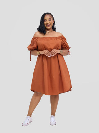 Safari Tawi Off - Shoulder Dress - Rust - Shopzetu