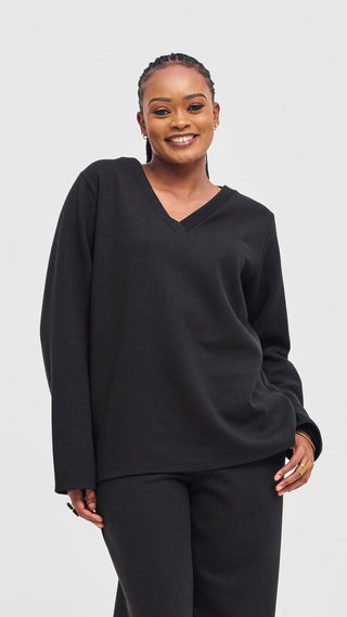 Shiv Shikie X Safari V-Neck Long Sleeve Sweatshirt in Rib - Black