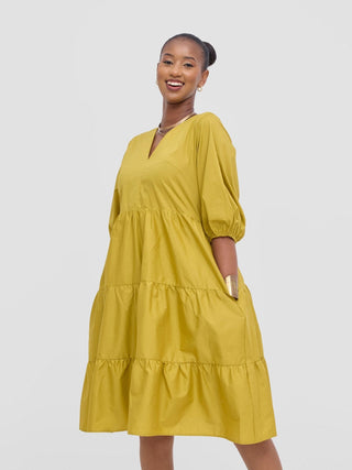 Safari Tawi Bishop Sleeve Tiered Dress - Olive - Shopzetu