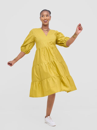 Safari Tawi Bishop Sleeve Tiered Dress - Olive - Shopzetu
