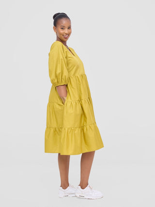 Safari Tawi Bishop Sleeve Tiered Dress - Olive - Shopzetu