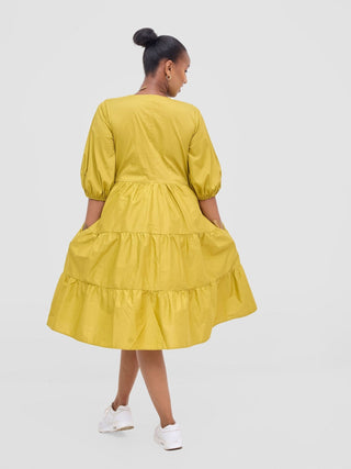 Safari Tawi Bishop Sleeve Tiered Dress - Olive - Shopzetu