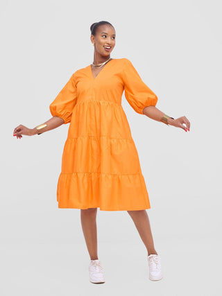 Safari Tawi Bishop Sleeve Tiered Dress - Orange - Shopzetu