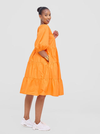 Safari Tawi Bishop Sleeve Tiered Dress - Orange - Shopzetu