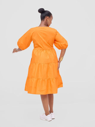 Safari Tawi Bishop Sleeve Tiered Dress - Orange - Shopzetu