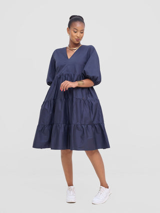 Safari Tawi Bishop Sleeve Tiered Dress - Navy - Shopzetu