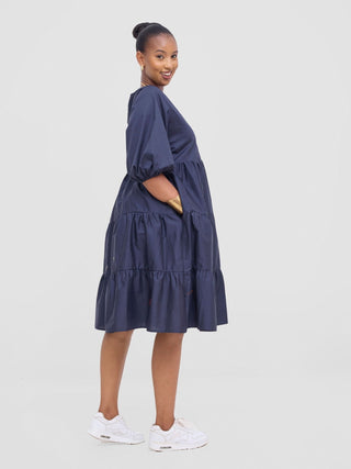 Safari Tawi Bishop Sleeve Tiered Dress - Navy - Shopzetu