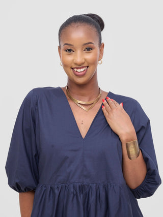 Safari Tawi Bishop Sleeve Tiered Dress - Navy - Shopzetu