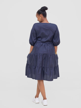 Safari Tawi Bishop Sleeve Tiered Dress - Navy - Shopzetu