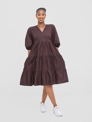 Safari Tawi Bishop Sleeve Tiered Dress - Chocolate - Shopzetu