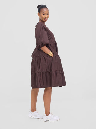 Safari Tawi Bishop Sleeve Tiered Dress - Chocolate - Shopzetu