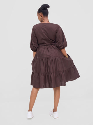 Safari Tawi Bishop Sleeve Tiered Dress - Chocolate - Shopzetu