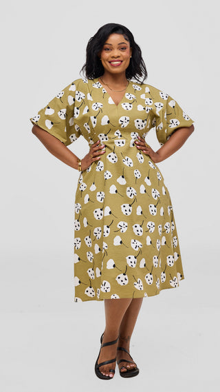 Safari by Vivo Zehra Tie Waist Kimono Dress - Olive Textured Print