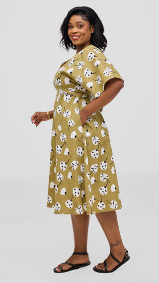 Safari by Vivo Zehra Tie Waist Kimono Dress - Olive Textured Print
