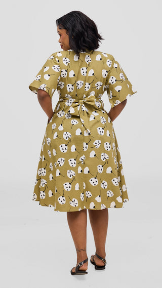 Safari by Vivo Zehra Tie Waist Kimono Dress - Olive Textured Print