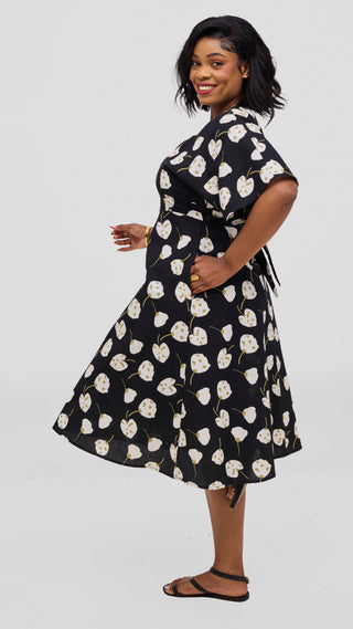 Safari by Vivo Zehra Tie Waist Kimono Dress - Black Textured Print