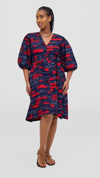 Safari Tara Bishop Sleeve Dress - Navy / Red Maya Print - Shopzetu