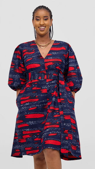 Safari Tara Bishop Sleeve Dress - Navy / Red Maya Print - Shopzetu