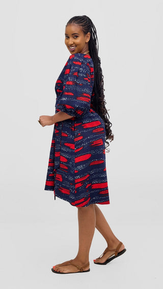 Safari Tara Bishop Sleeve Dress - Navy / Red Maya Print - Shopzetu