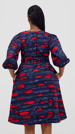 Safari Tara Bishop Sleeve Dress -Navy / Red Maya Print