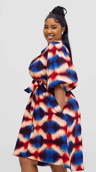 Safari Tara Bishop Sleeve Dress - Peach / Blue Sara Print