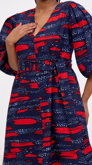 Safari Tara Bishop Sleeve Dress - Navy / Red Maya Print - Shopzetu
