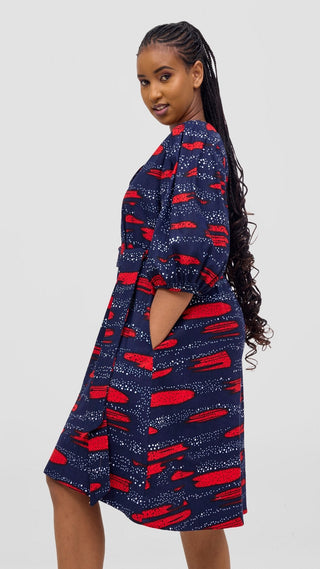 Safari Tara Bishop Sleeve Dress - Navy / Red Maya Print - Shopzetu