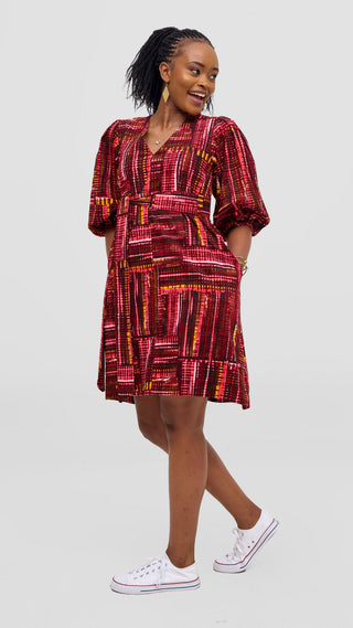 Safari Tara Bishop Sleeve Dress - Maroon / Pink Ara Print