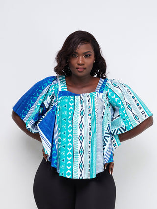 Safari Mara Cape Top - Sea Green / Blue Ankara Print