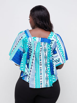 Safari Mara Cape Top - Sea Green / Blue Ankara Print