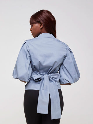 Safari Mali 3/4 Bishop Sleeve Tie Top - Light Grey