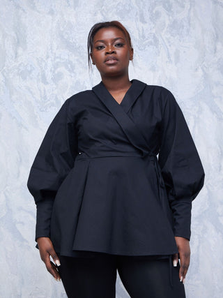 Safari Hawi Peplum Bishop Sleeve Wrap Coat - Black - Shopzetu