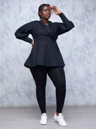 Safari Hawi Peplum Bishop Sleeve Wrap Coat - Black - Shopzetu