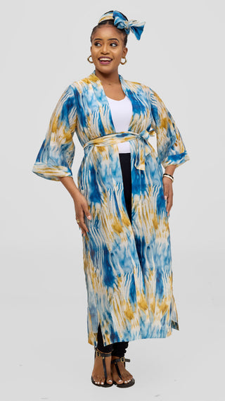 Safari by Vivo  3/4 Sleeve Maxi Kimono With Headwrap - Mustard / Cream Print