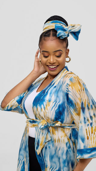 Safari 3/4 Sleeve Maxi Kimono With Headwrap - Mustard / Cream Print